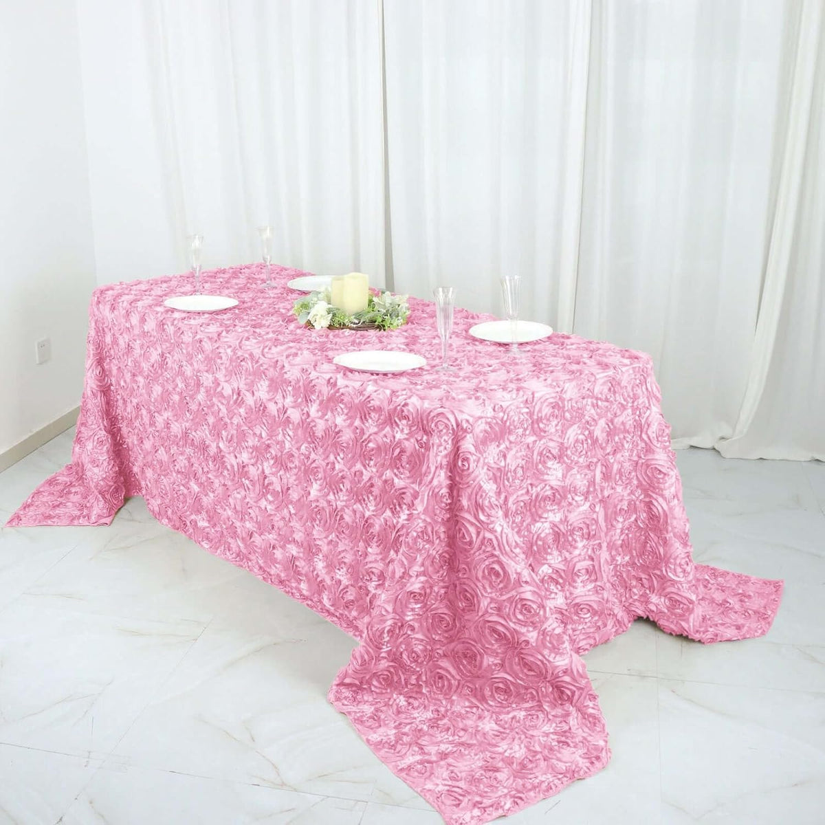 Efavormart 90"x132" Wholesale Rectangle Table Cover Pink Grandiose Rosette 3D Satin Tablecloth for