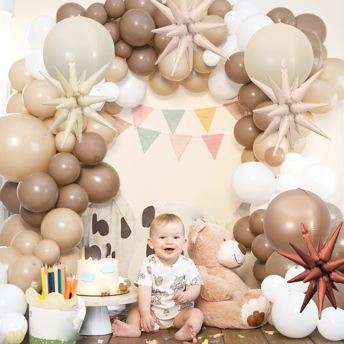 6Pcs Sand White Brown Foil Balloons,22Inch Cream Beige 4D Round Ball Balloon and Explosion Star