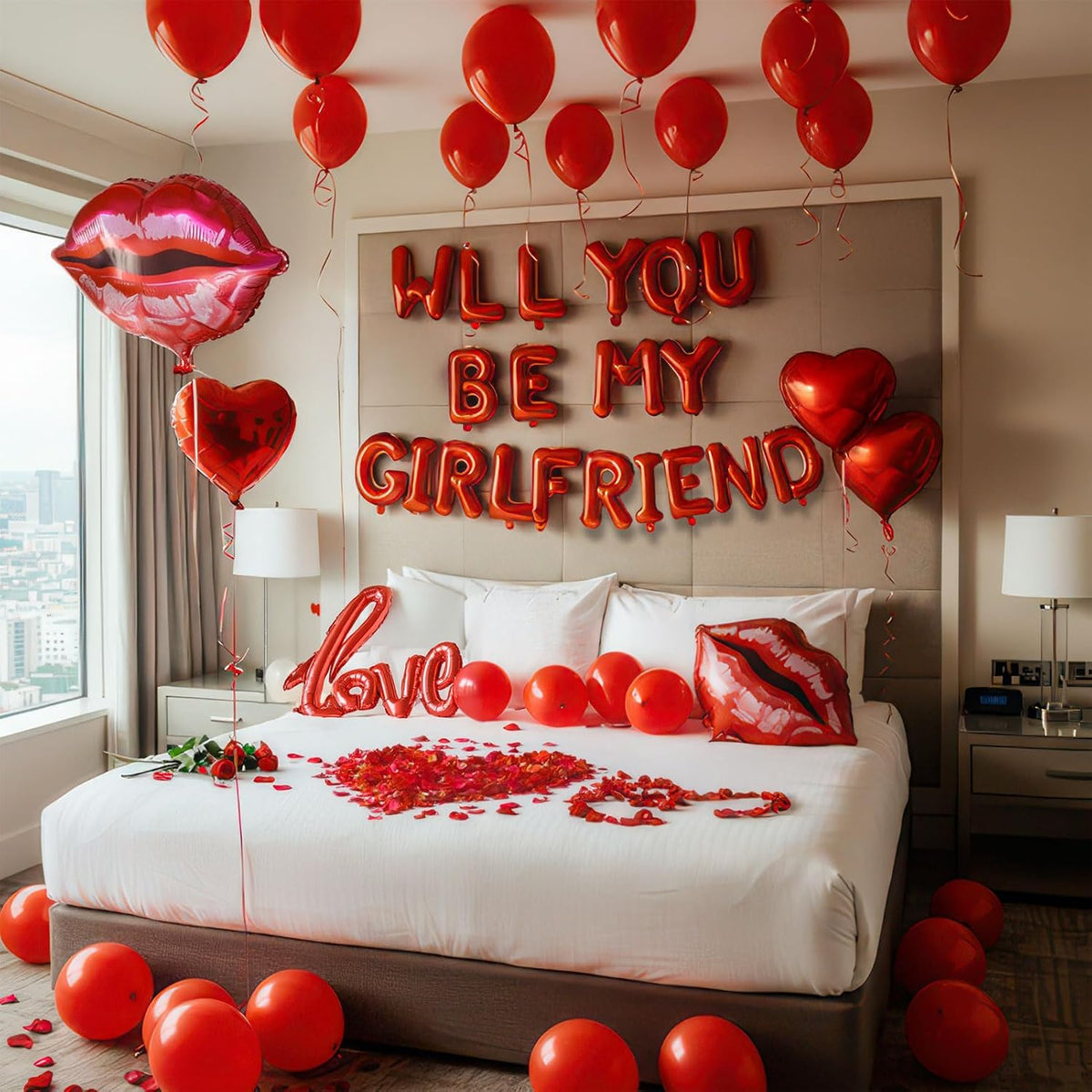 16 Inches Red 'WILL YOU BE MY GIRLFRIEND' Confession Letter Balloons with Heart-Shape, lips, love