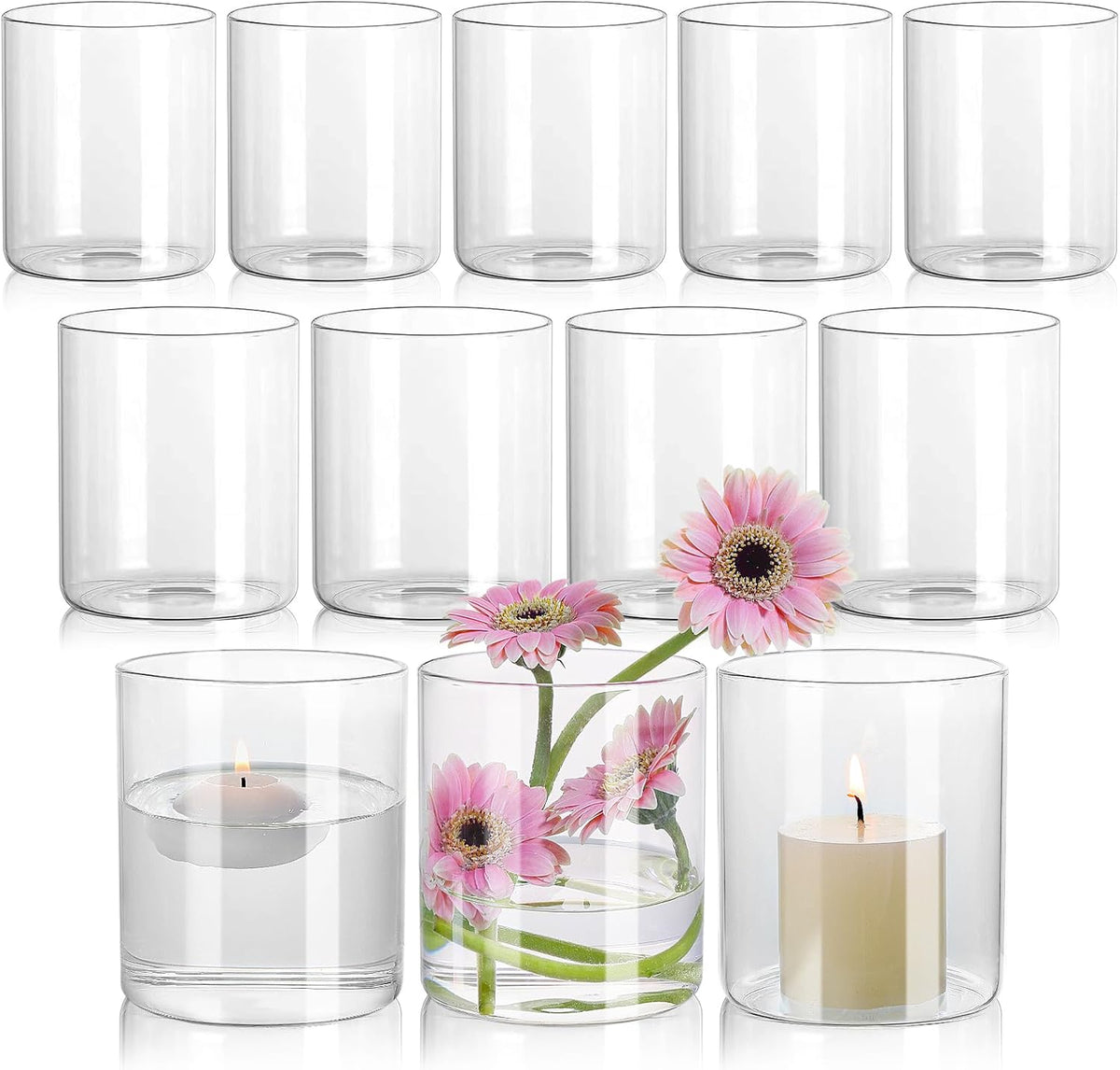 12Pcs Glass Cylinder Vase for Centerpieces 5 Inch Clear Flower Vases Bulk, Glass Hurricane Candle