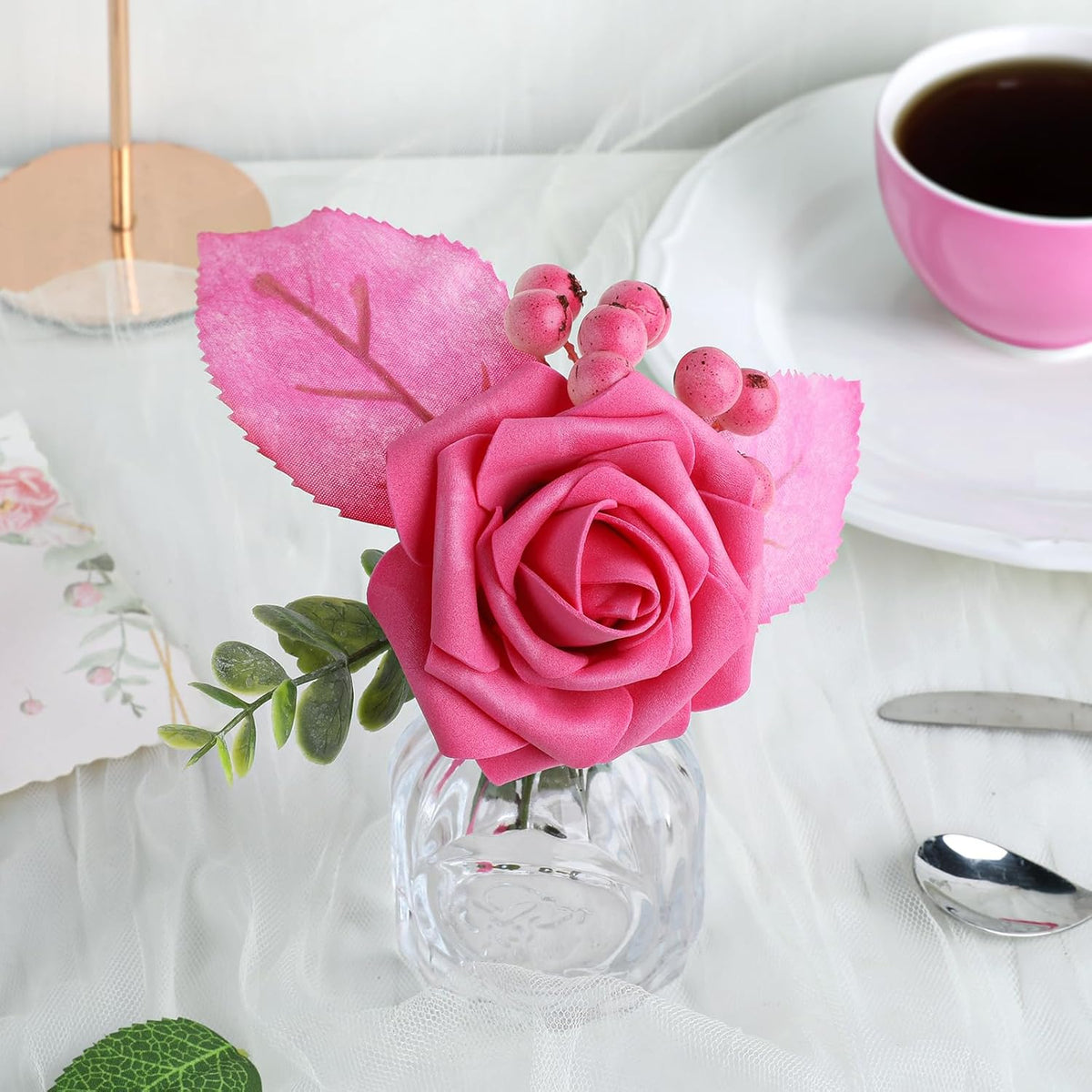 AmyHomie 25pcs Real Looking Artificial Hot Pink Roses w/Stem for DIY Wedding Bouquets Centerpieces