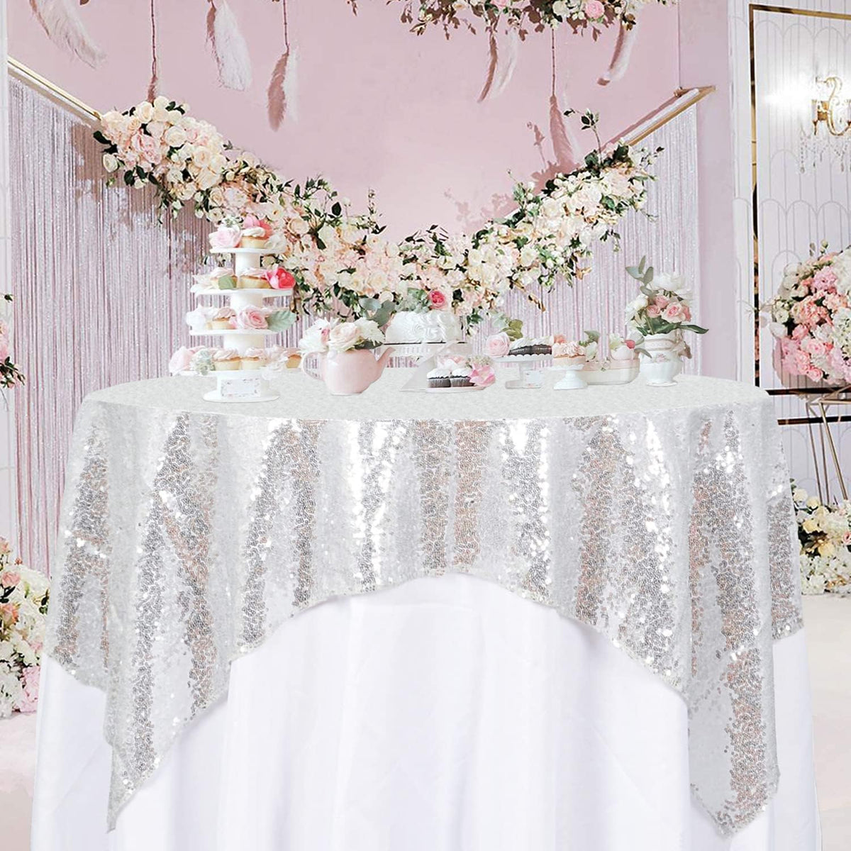 ShinyBeauty Sequin Tablecloth Silver 72''x72'' Square Glitter Table Cover Silver Table Cloths for