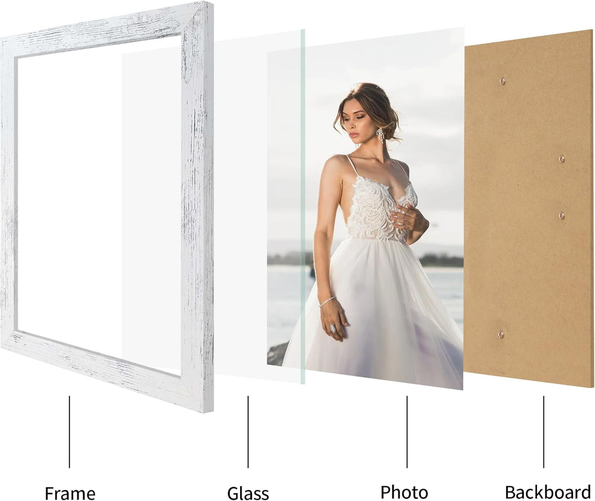 8.5x11 Picture Frame Set of 4, Distressed White Certificate Frame with Real Glass, Wood Photo