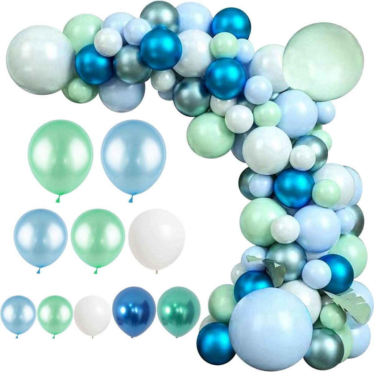 125pcs Blue Green Macaron Balloon and Metallic Blue Silver Balloon Garland Kit for Birthday