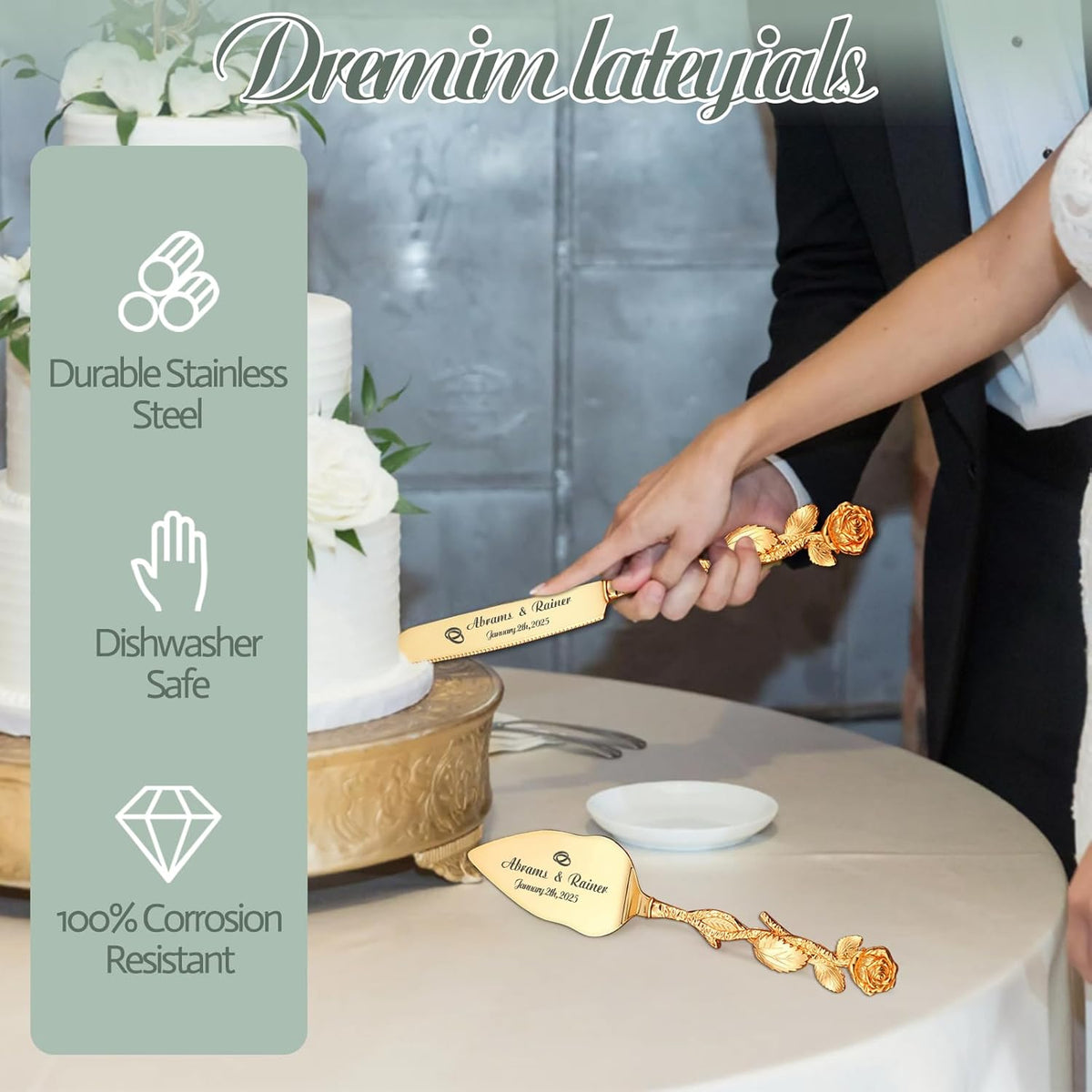 HJX Personalized Wedding Cake Knife and Server Set - Custom Name Engraved Cutting Set with Elegant