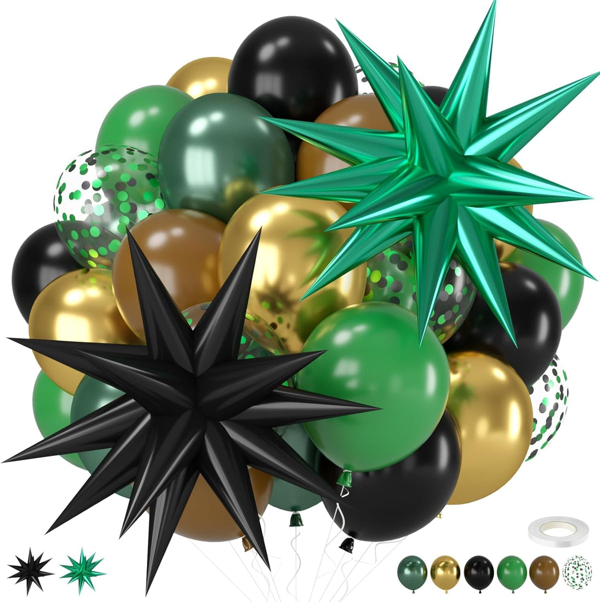 Green and Brown Balloons, 12 Inch Dark Green Black Metallic Green Gold Balloon with Star Foil