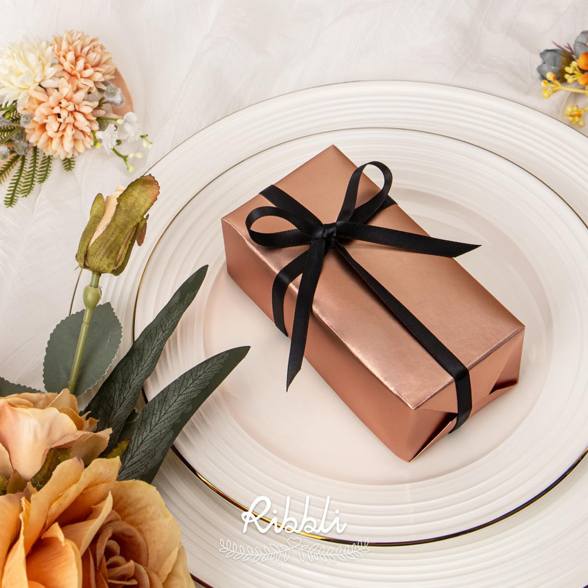 Ribbli Double Faced Black Satin Ribbon,1/4” x Continuous 25 Yards,Use for Bows Bouquet,Gift