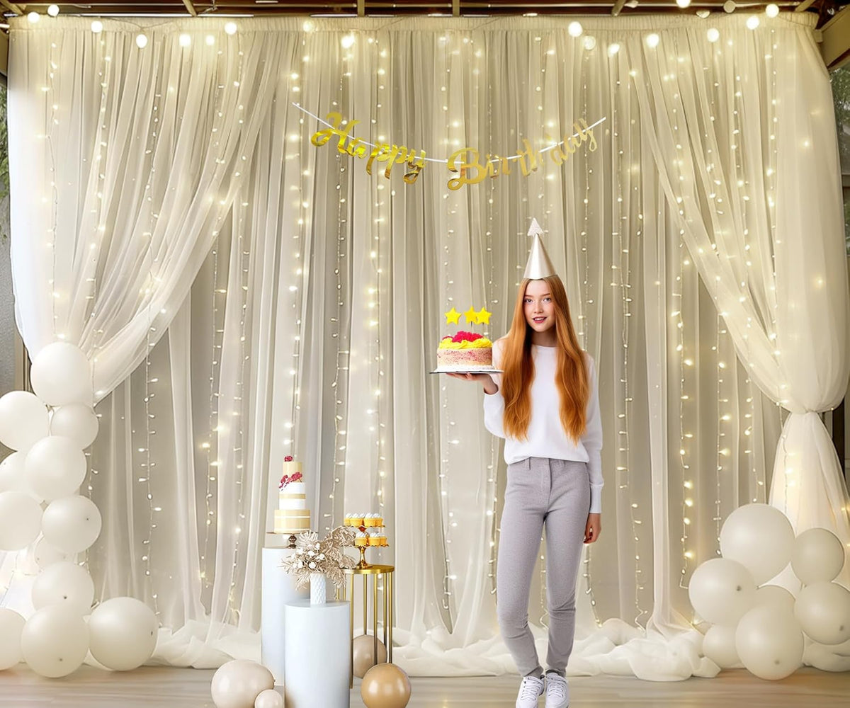 Ivory Sheer Backdrop Curtains with Lights String for Parites Wedding 10×8ft Tulle Backdrop Curtains