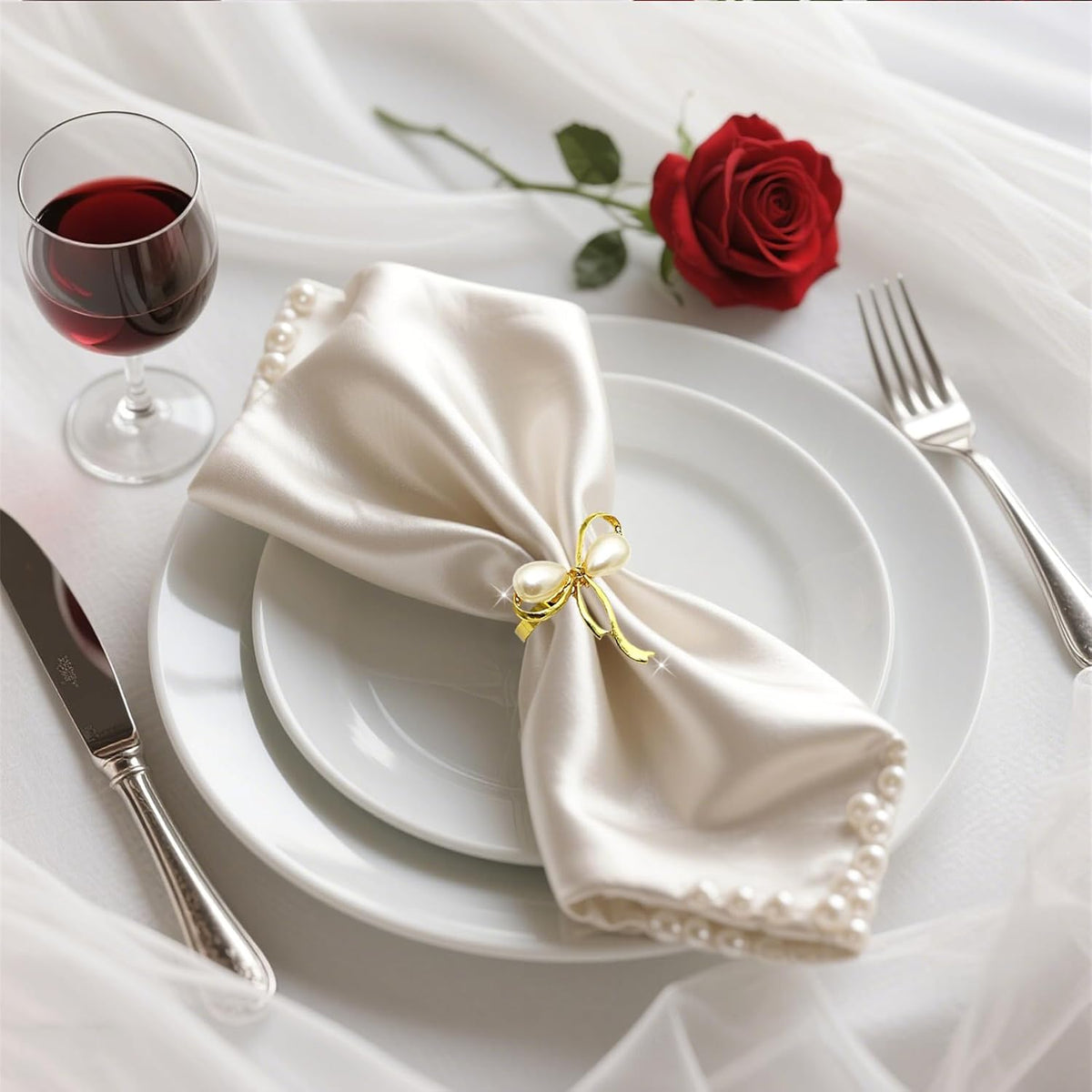 Gold Napkin Rings Set of 8 Pearl Bow Napkin Rings for Napkins,Rustic Napkin Ring Holders, Butterfly