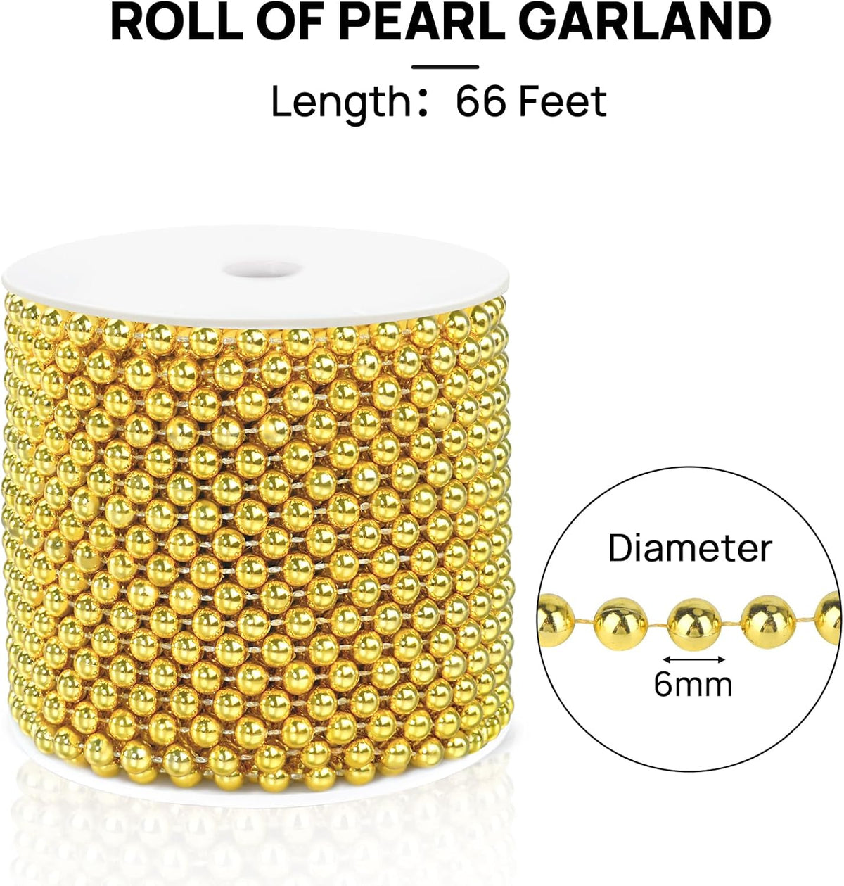 Craft String Pearls 6MM Pearl Bead, 66 Feet Gold Faux Pearl Garland Spool Roll Strand Wedding Party