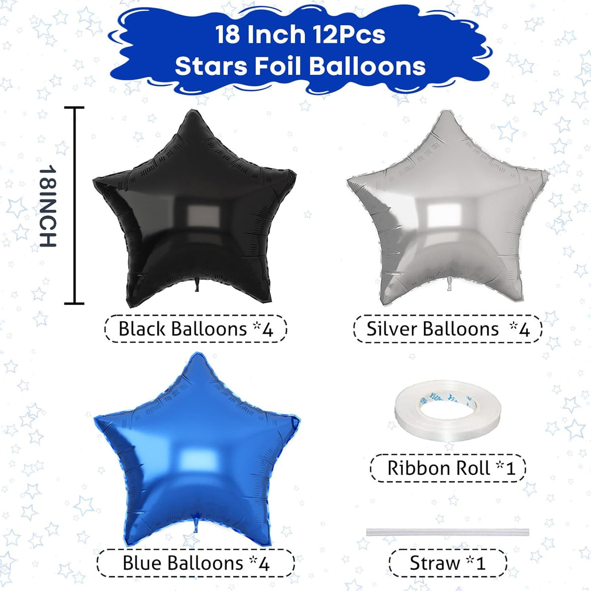 Blue Black Star Balloons Helium, 18Inch Silver and Blue Stars Shape Foil Balloon, 12Pcs Blue