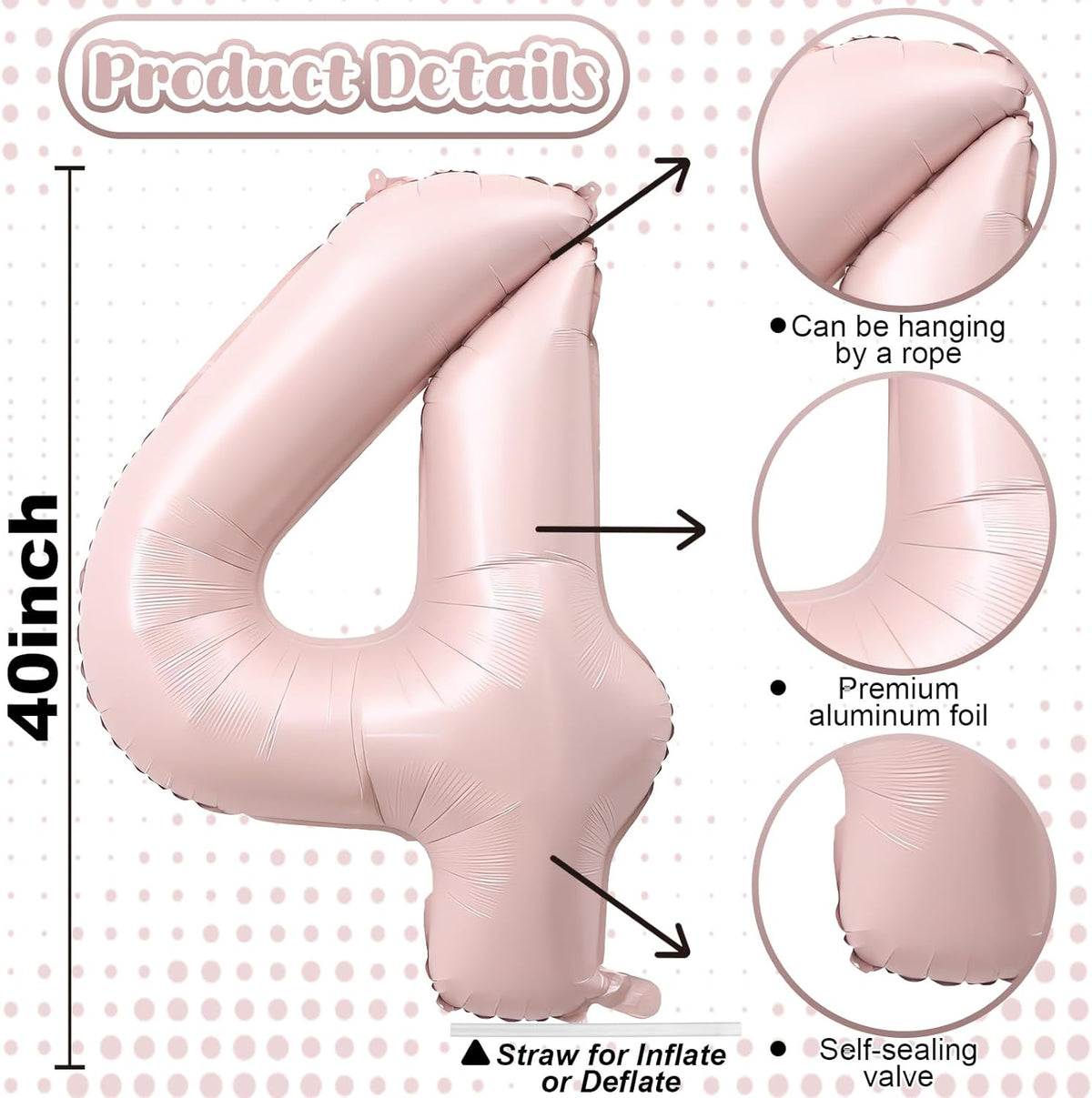 40 Inch Pastel Pink Number Balloon 4, Large Self Inflating Retro Dusty Pink Foil 4 Number Balloons