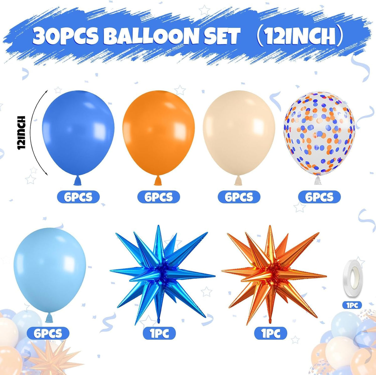 Blue and Orange Balloons, 12 Inch Orange Light Blue Nude Dark Blue Confetti Balloons with Star Foil