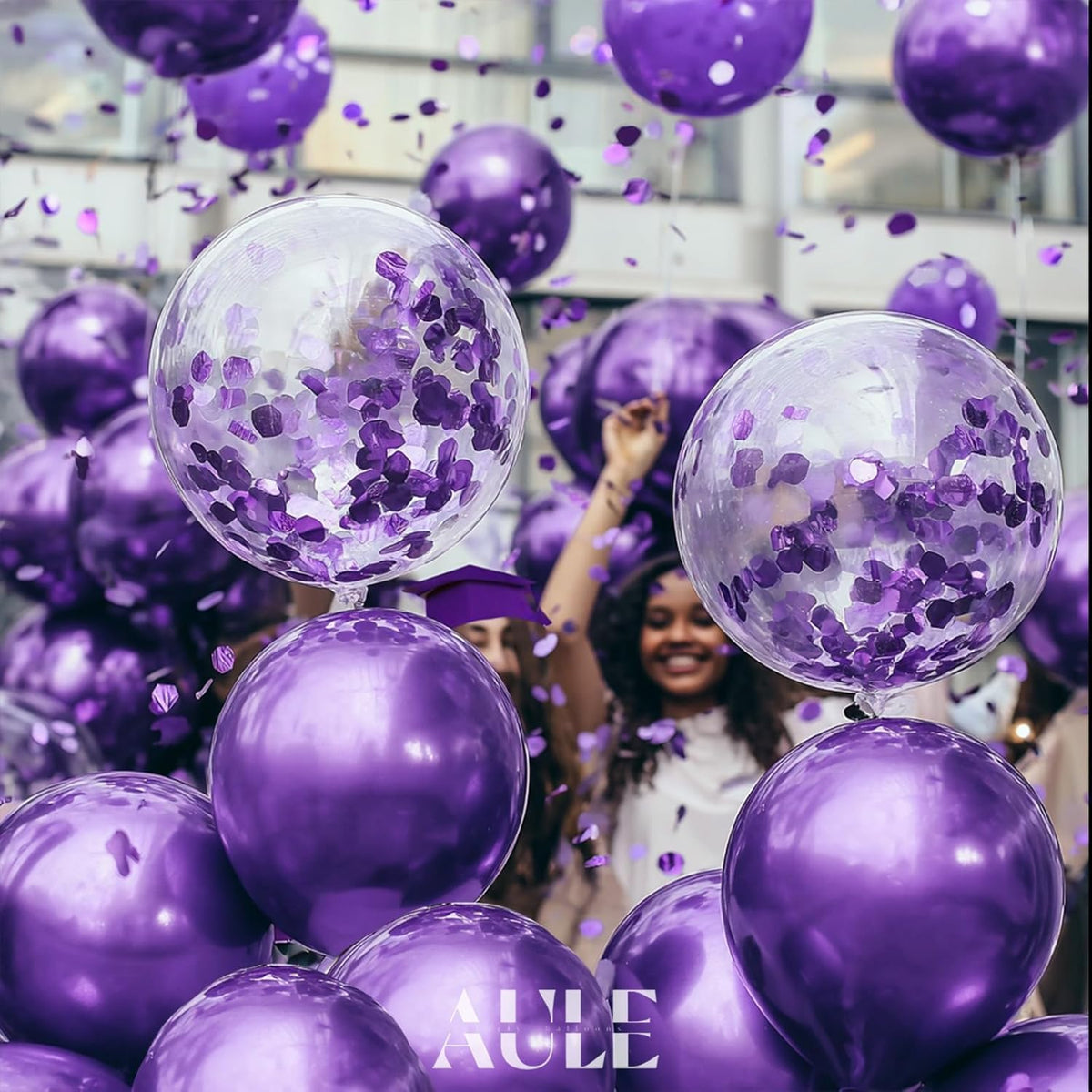 AULE Party Balloons Pack of 42 - Metallic Balloons & Confetti Balloons and 64ft Ribbons - 12 Inch