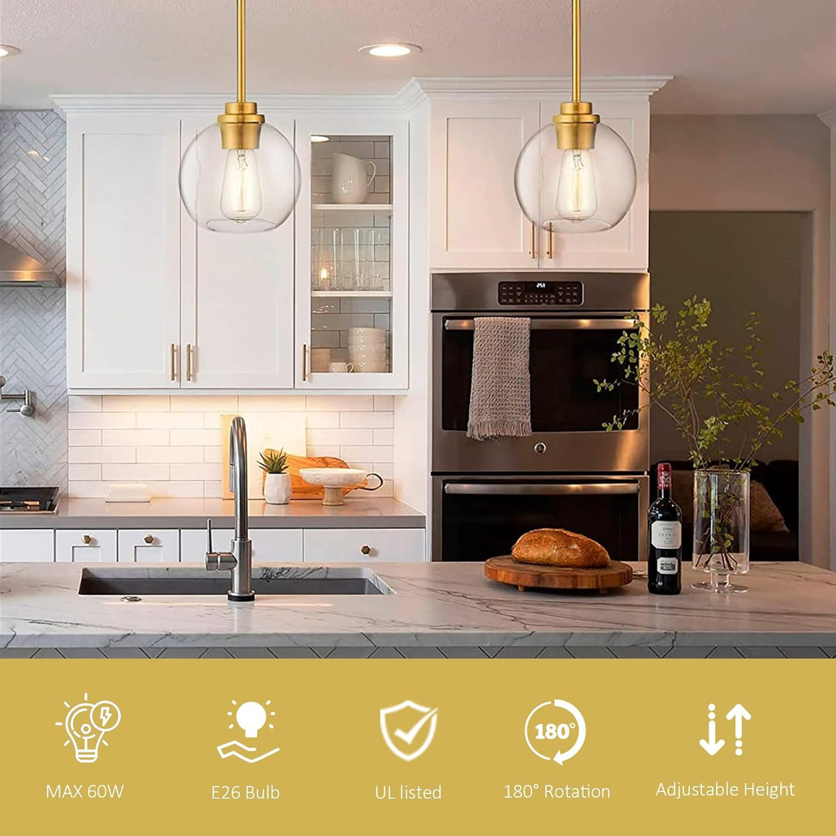 Pendant Lights Kitchen Island, Modern Gold Pendant Light with Clear Glass, 7 Inch Farmhouse Hanging
