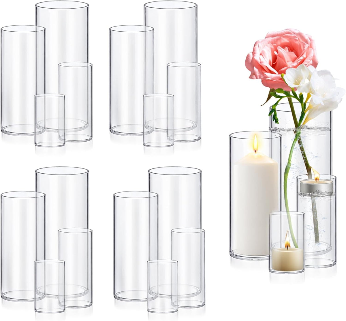 16 Pack Glass Cylinder Vases 4,6,8,10 Inch Tall Clear Flower Vase Hurricane Floating Candle Holder