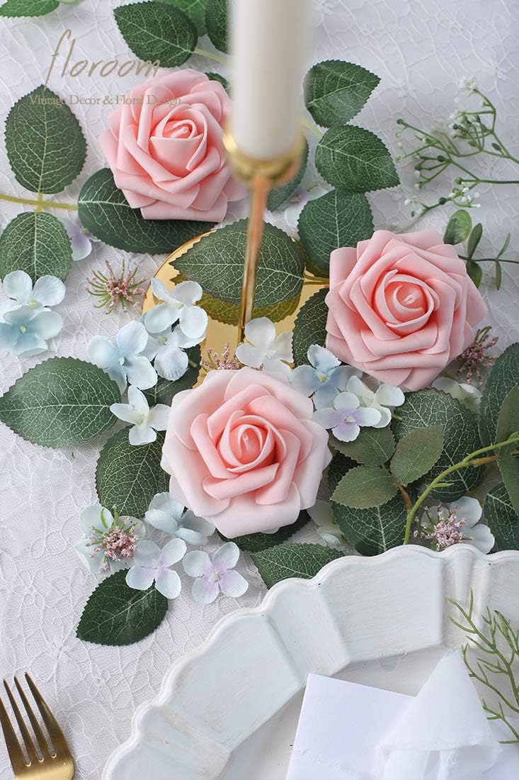 Floroom Artificial Flowers 25pcs Realistic Peach Pink Foam Fake Roses with Stems for DIY Wedding