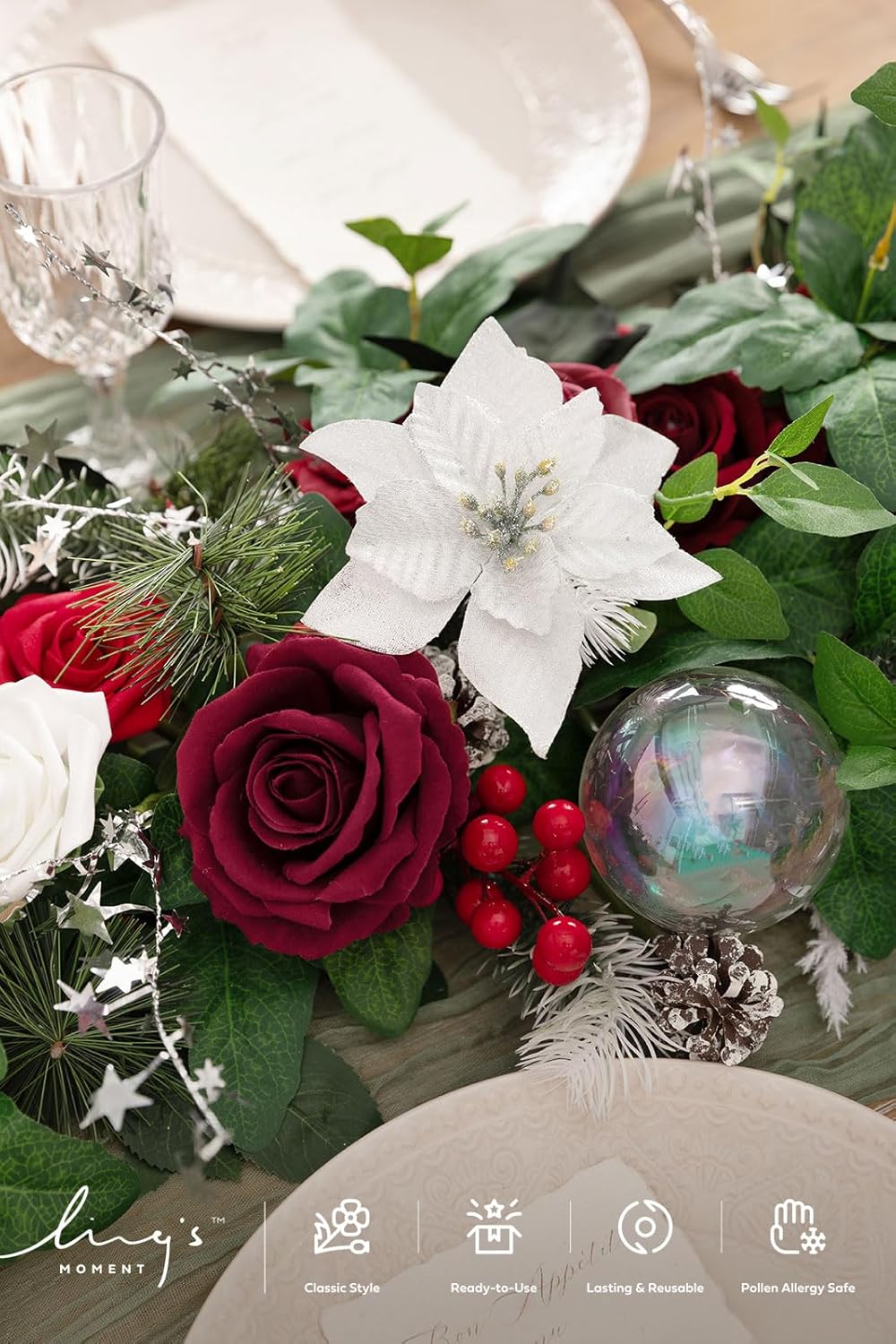 Ling's moment Eucalyptus Garland with Flowers 6FT，Table Runner with Flowers Marsala Mantle Decor