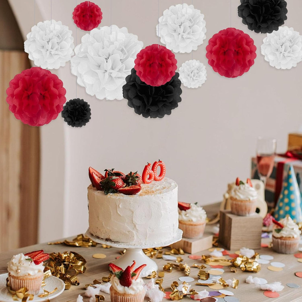 Tissue Paper Pom Poms, Black White Red Tissue Paper Flowers, Hanging Flower Balls for Weddings