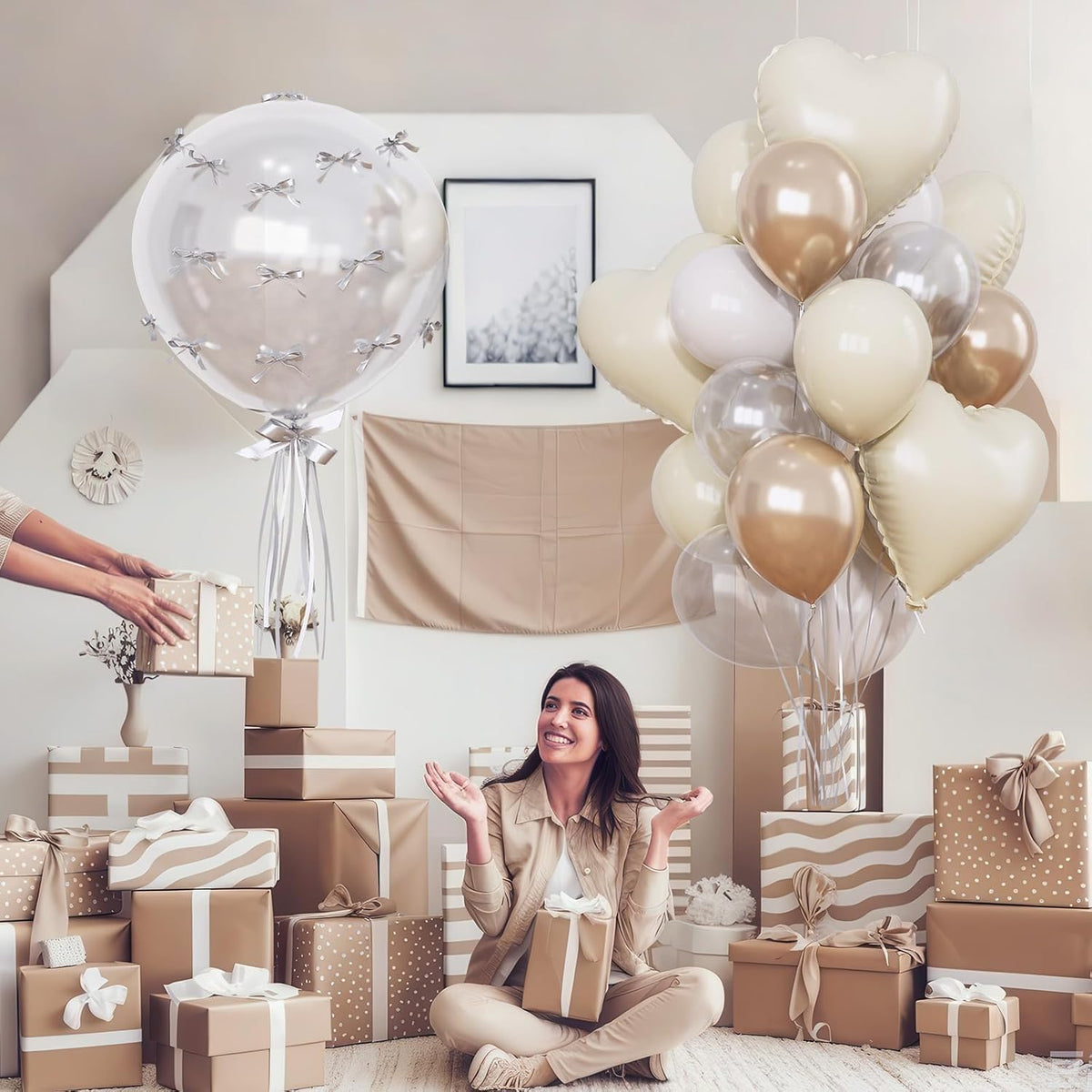 Cream White and Gold Balloons Beige Heart Balloon as Engagement Party Decorations, Metallic