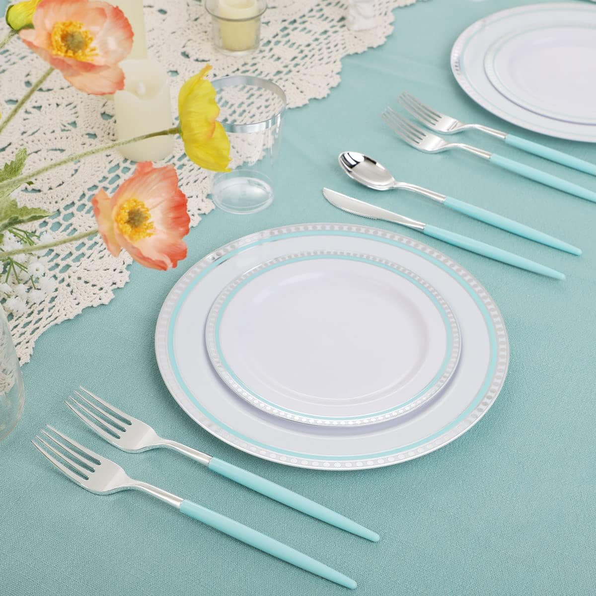 COLOSUS 125pcs Disposable Silver Blue Plastic Plates and Silverware .Light baby blue dinnerware