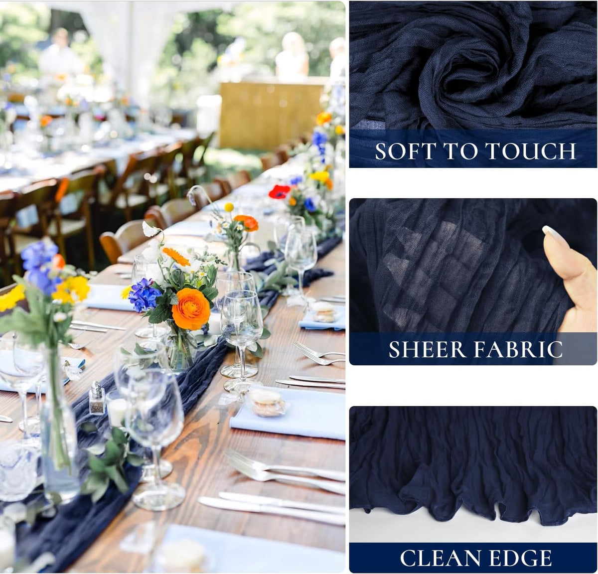 3 Pack Navy Blue Cheesecloth Table Runner 10FT Boho Gauze Cheese Cloth Table Runner Blue for
