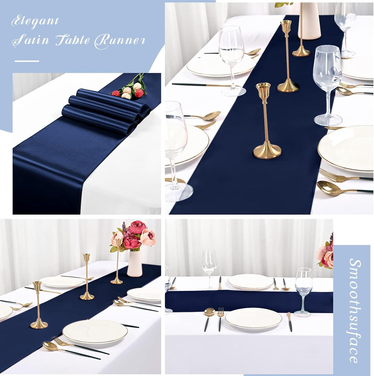 12 Pack Navy Blue Satin Table Runner,12 x 108 inch Long Premium Smooth Table Runner for Wedding