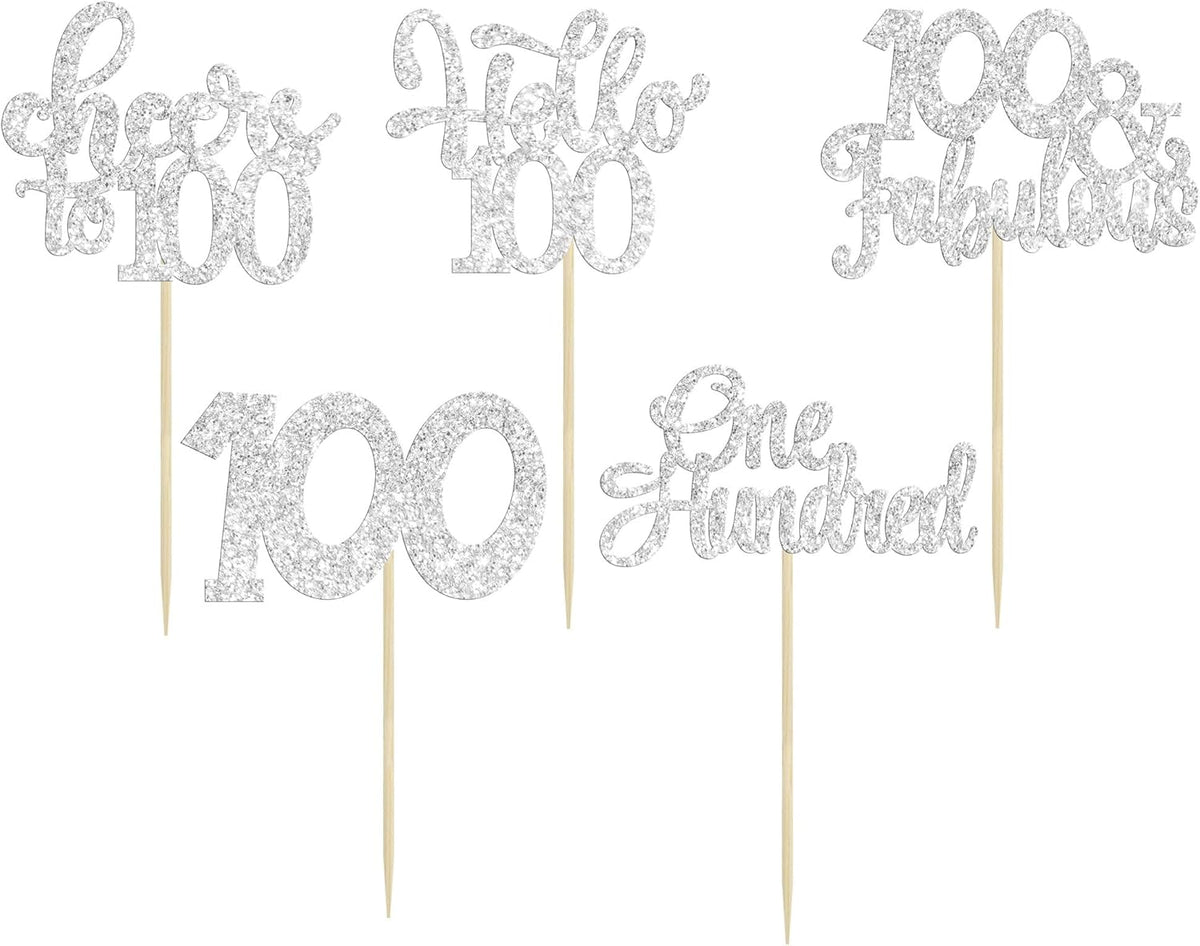 30pcs Happy 100th Birthday Cupcake Toppers - Silver Glitter One Hundred Cheers to 100 Years Old