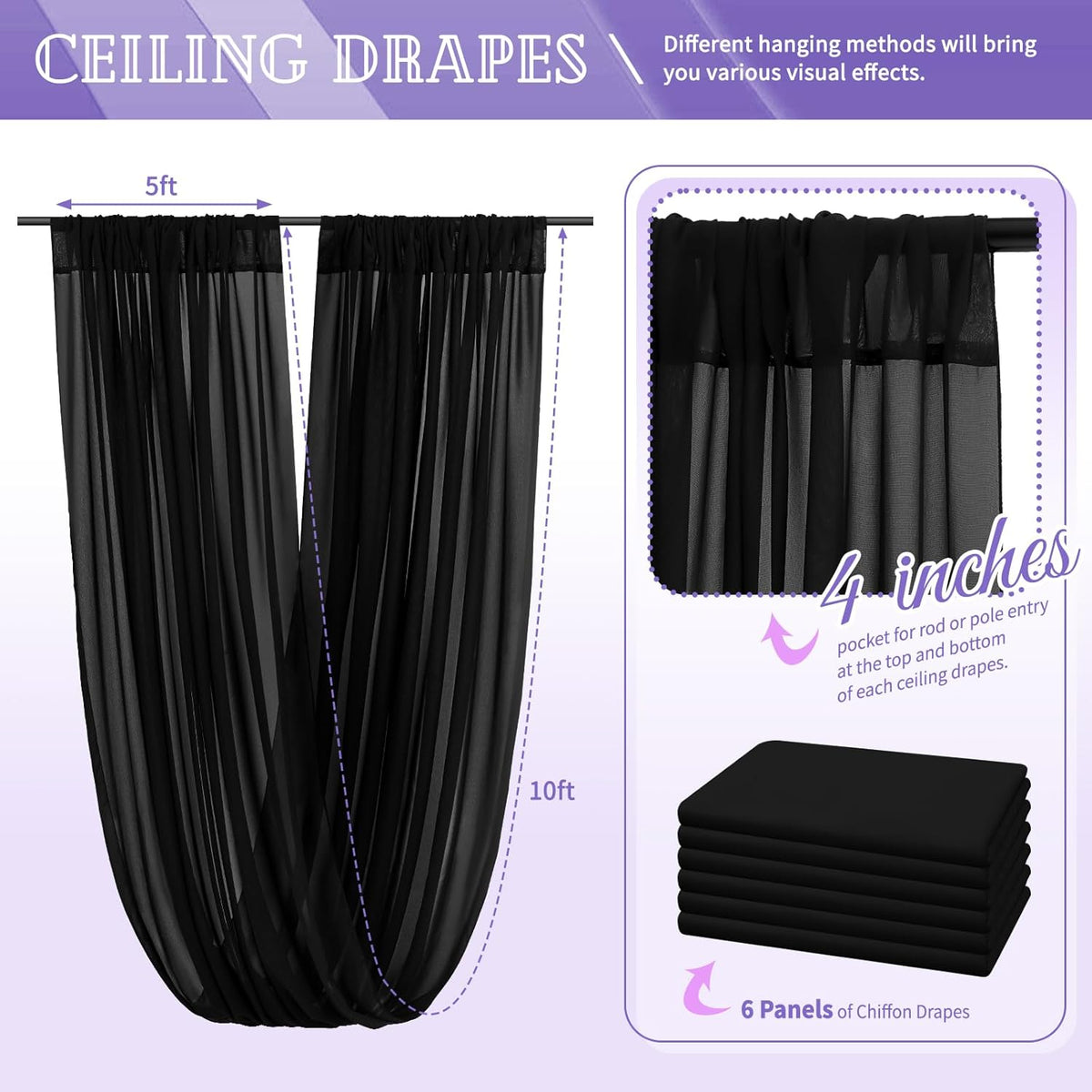 6 Panels Black Ceiling Drapes for Wedding 5ftx10ft Chiffon Fabric Arch Draping Curtains Sheer