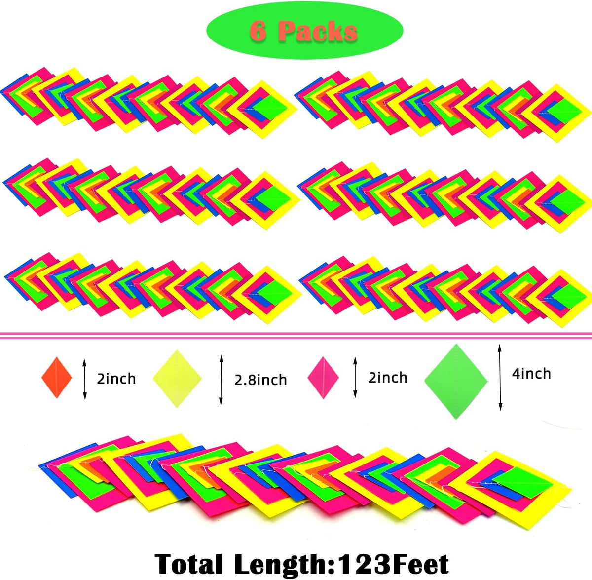 123feet UV Paper Neon Streamers & Garlands - Diamond Shape Black Light Decorations, Glow Party
