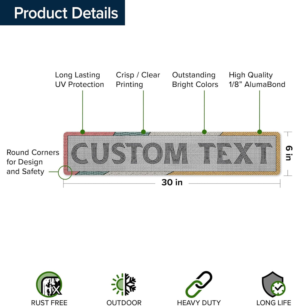 Custom Sign, Custom Street Sign, 11 Font Colors, 13 Font Styles, 4 Hole Options, 22 Sizes, 6x30