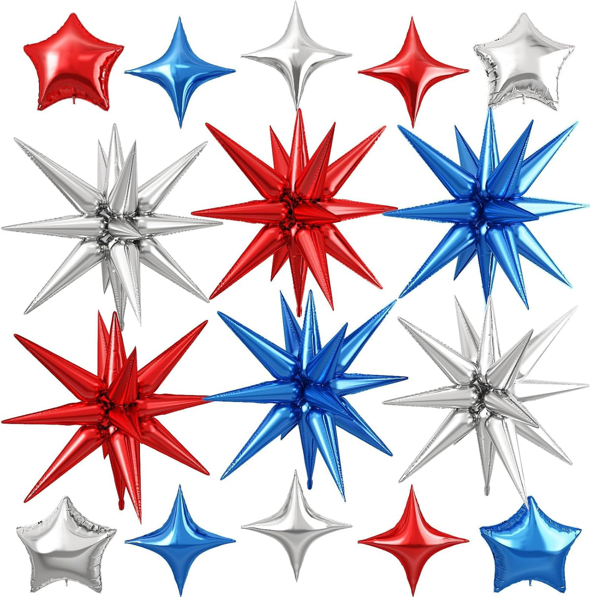 Blue Red Silver Star Balloon,16Pcs Star Foil Balloons Set with 22Inch Explosion Spike Cone Balloons