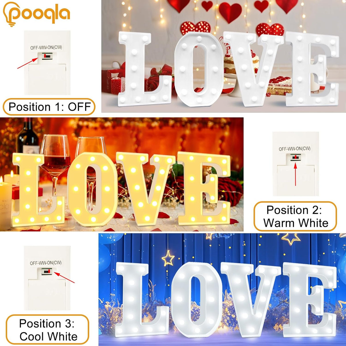 Pooqla LED Marquee Letter Lights, Warm White and Cool White Decorative Lighted Letters, Light Up