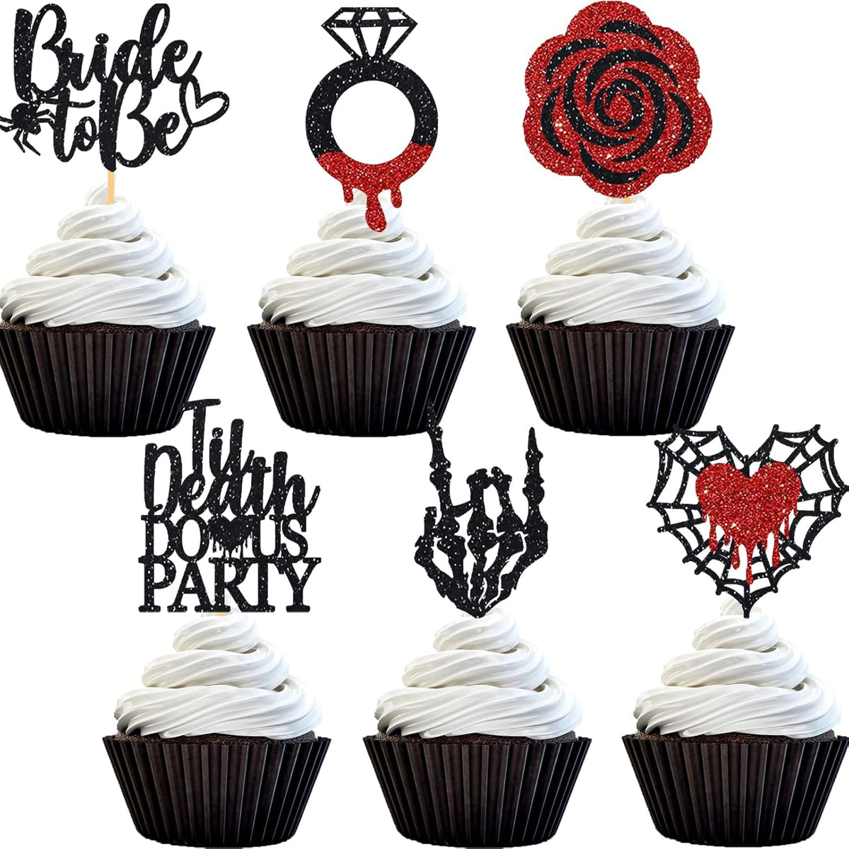 Halloween Bachelorette Cupcake Topper Bride To Be Ring Skeleton Hand Heart Blood Glitter Food Picks