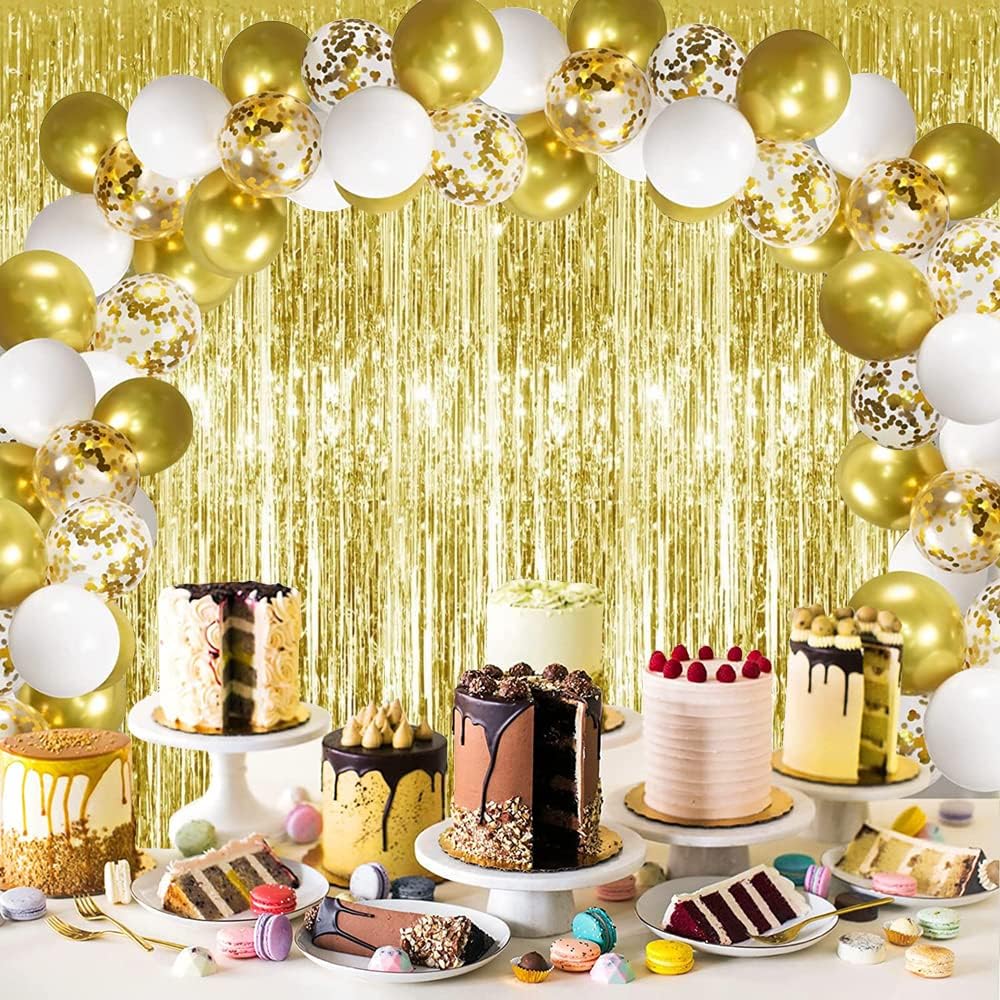 3Pcs Gold Metallic Tinsel Foil Fringe Curtains,3.28ft x 6.56ft Gold Photo Booth Backdrop Streamer