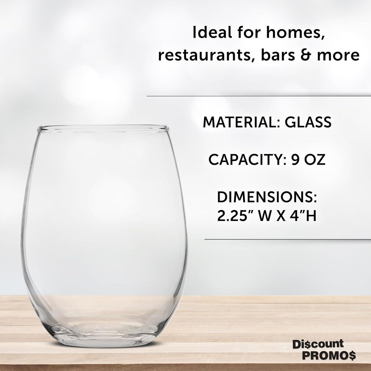 DISCOUNT PROMOS Stemless Wine Glass 9 oz. Set of 10, Bulk Pack - Great for Wedding Favors