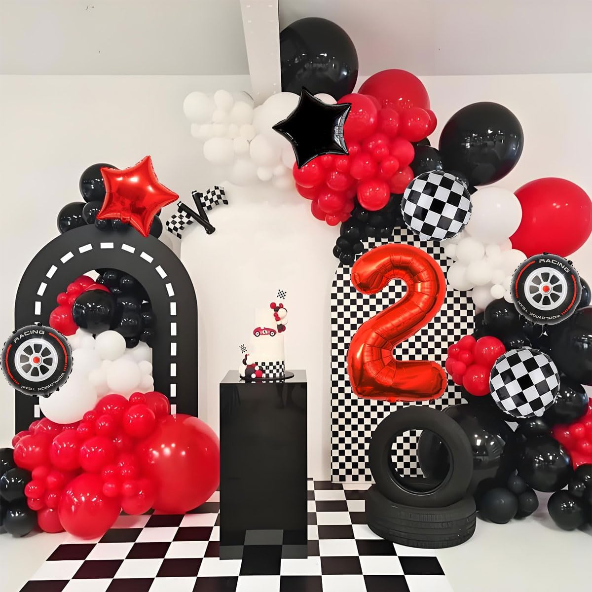 Race Car Birthday Decorations - 40 Inch Mylar Red Number 2 Balloons - Black Foil Checkered Race Car
