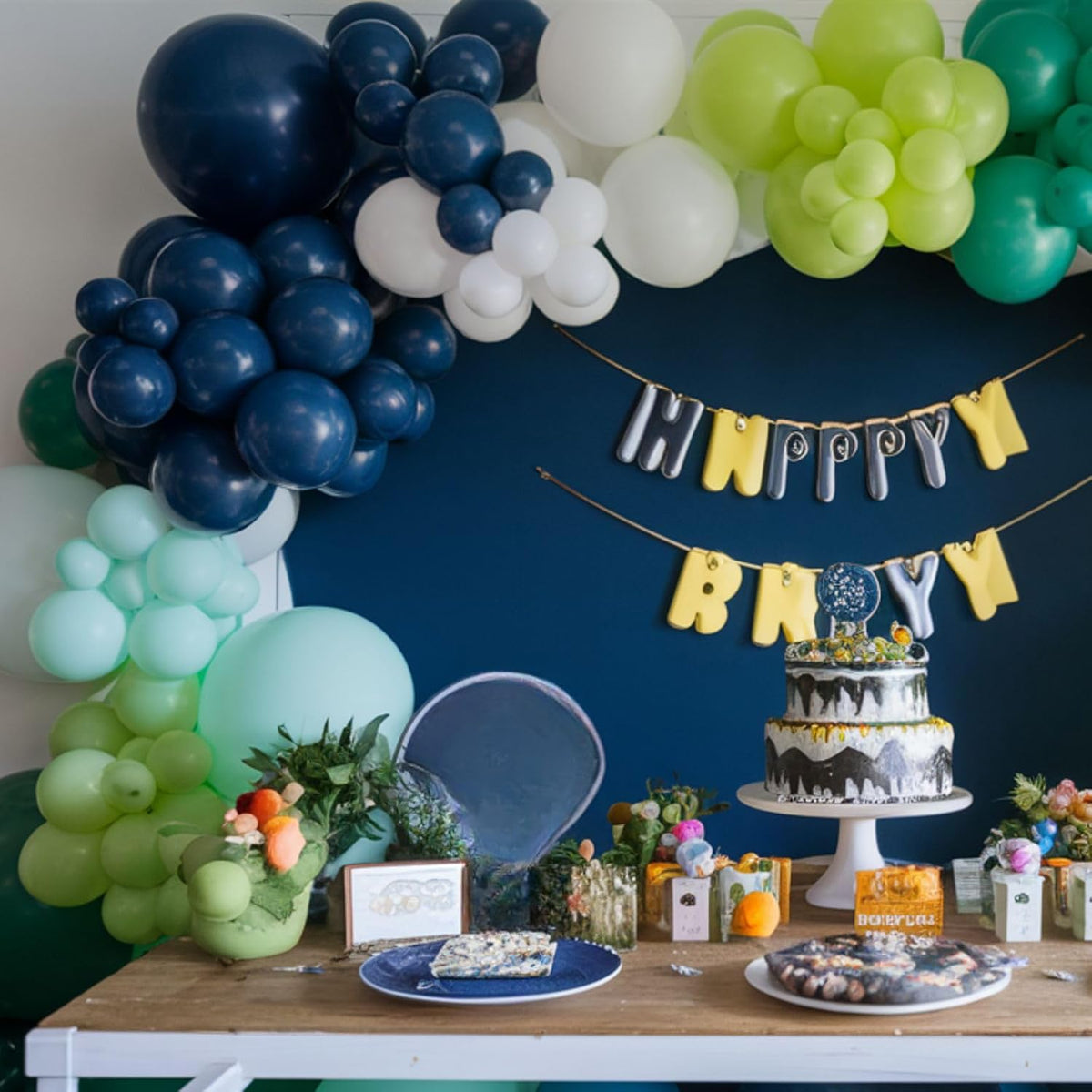 60Pcs Blue and Green Balloons, 12 Inch Navy Blue Fruit Green Confetti Balloons Teal Blue White