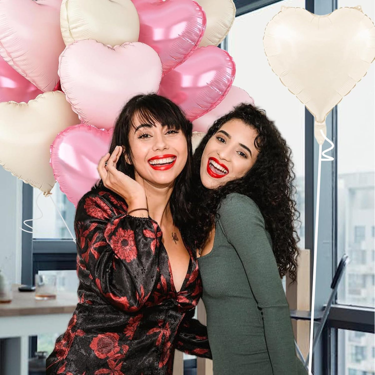Pink Heart Balloons,18inch Bright Pink Heart Shaped Foil Balloons & Pastel White Helium Mylar