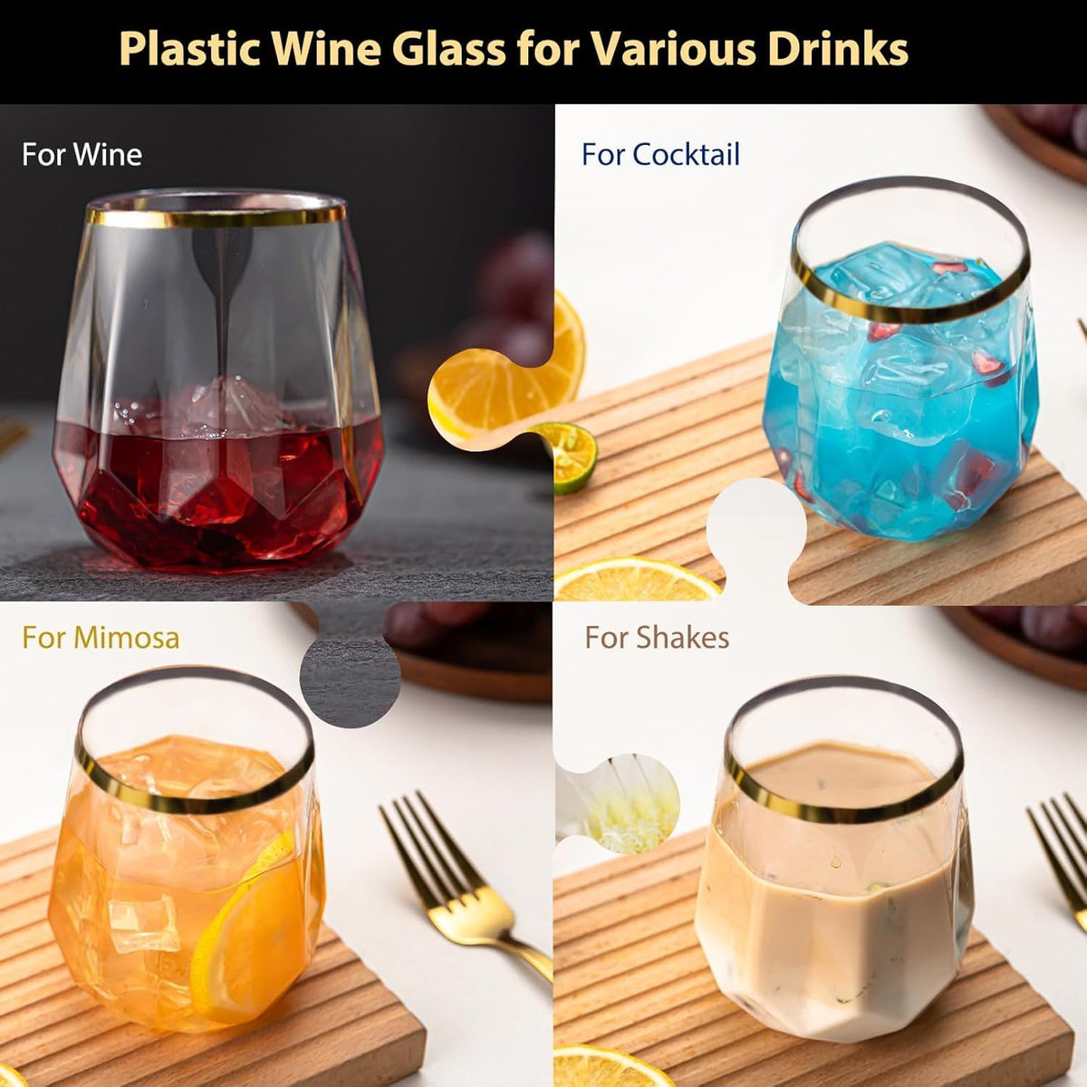40 count Diamond Unbreakable Stemless Plastic Wine Champagne Whiskey Glasses Elegant Durable