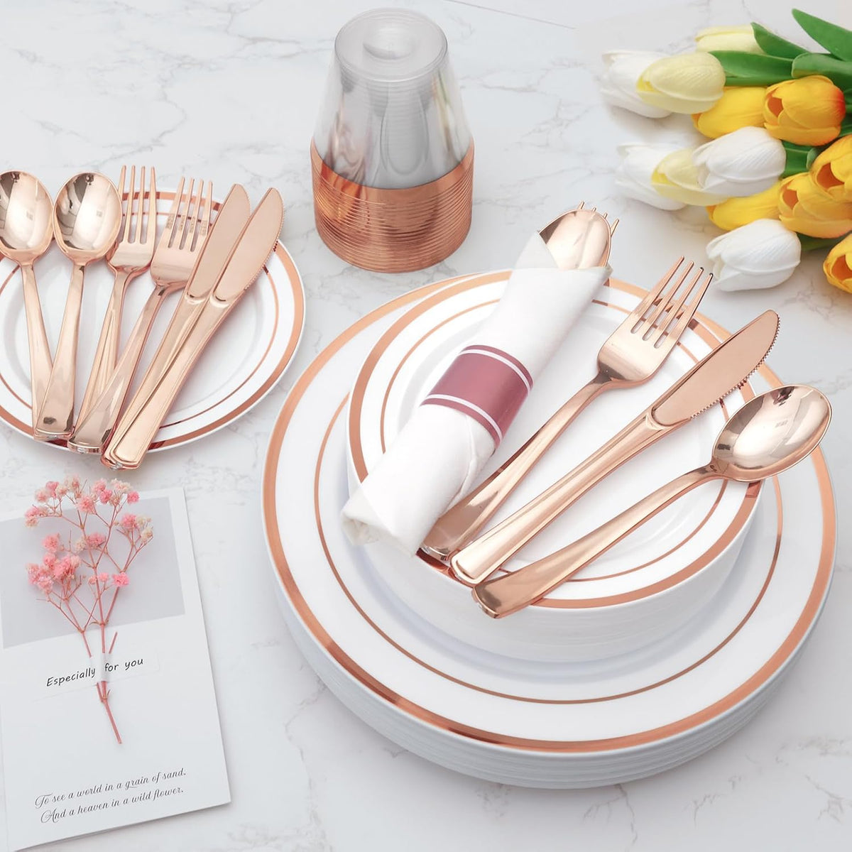 Goodluck 175 Piece Rose Gold Plastic Dinnerware Set for 25 Guests, Fancy Disposable Plates for