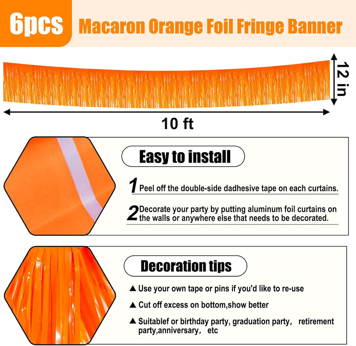 6 Pack 10 Feet Macaron Orange Foil Fringe Garland Metallic Tinsel Streamers Banner Wall Hanging