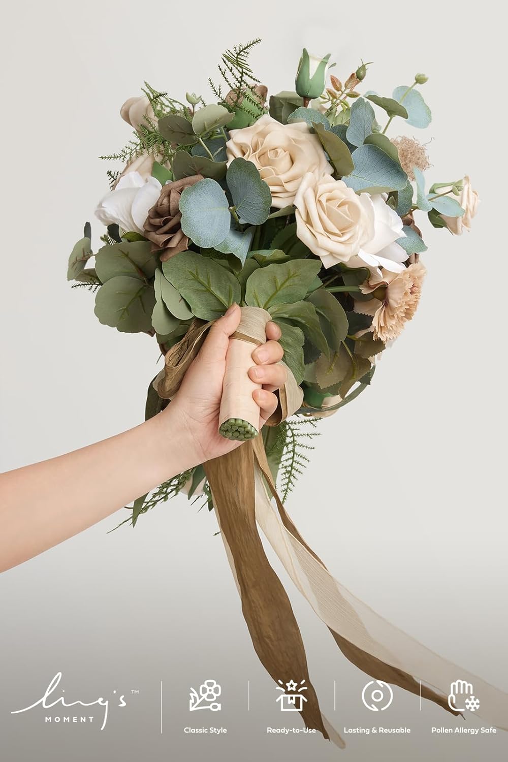 Ling's moment Intimate Brown Bridal Bouquet Cascading, Beige Wedding Bouquets for Bride, 13 Inch