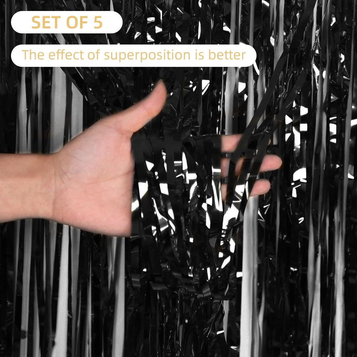 5 Pack Black Fringe Backdrop 3.2ft x 8.2ft Foil Curtain Tinsel Streamers for Birthday Party