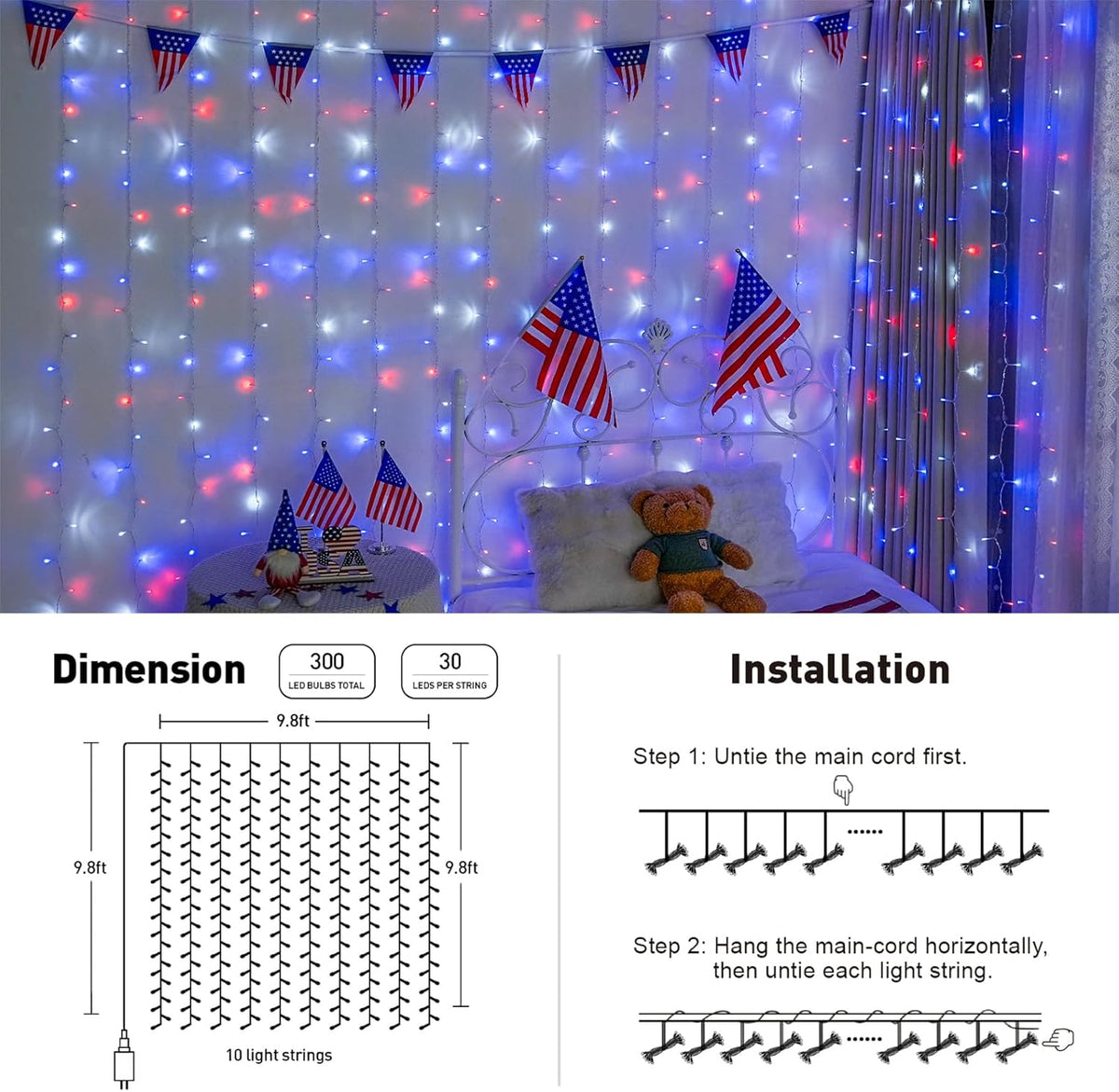 JMEXSUSS 300LED Red White and Blue Lights with Remote, 4th of July Lights Plug in, Patriots Curtain