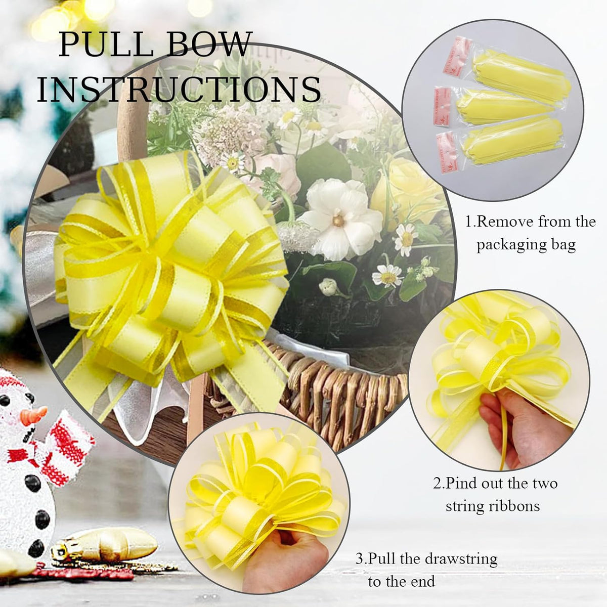 6 Pieces Large Pull Bows, 6 inches, Floral, Yellow, Organza, Wedding, Baby Shower, Bridal Shower