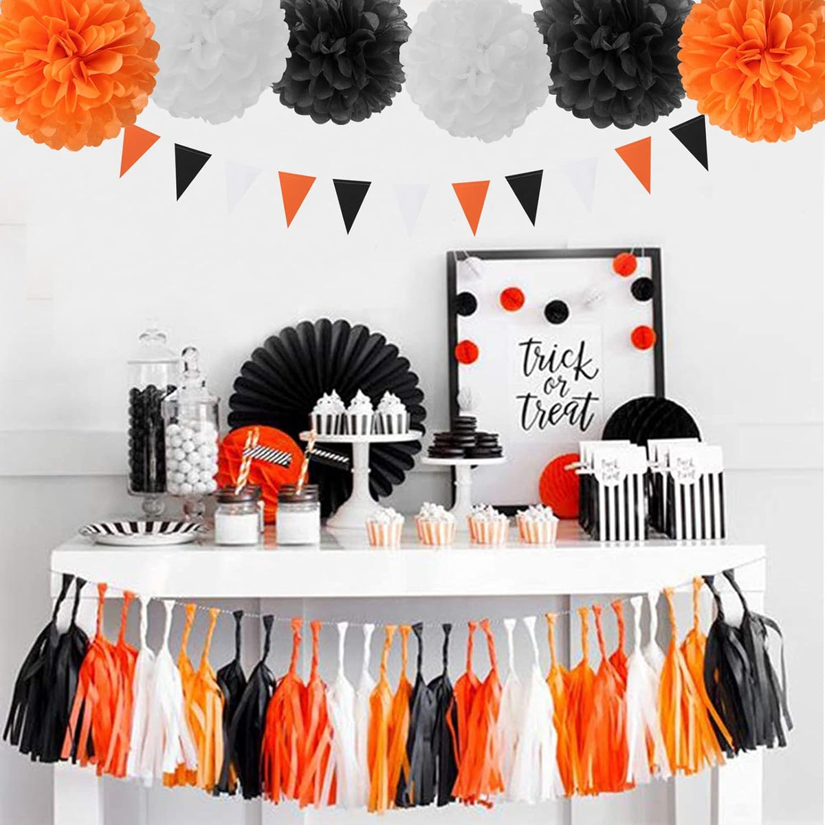 Black White Orange Halloween Party-Decorations - 23pcs Tissue Pom Poms Streamers,Tassel Garland