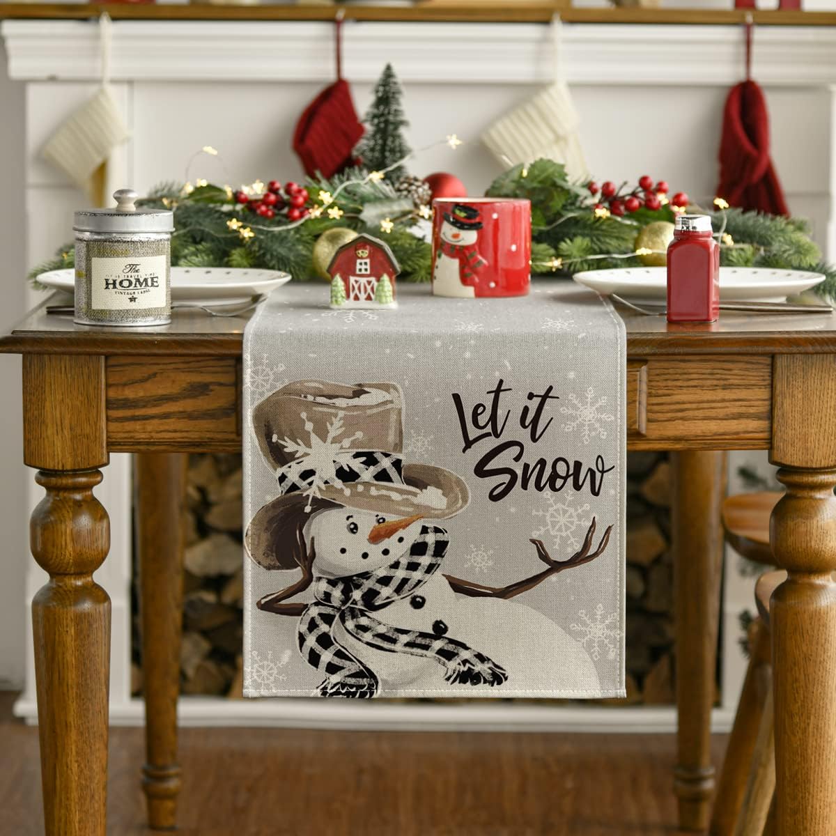 Artoid Mode Grey Snowman Snowflake Let it Snow Christmas Table Runner, Seasonal Winter Kitchen