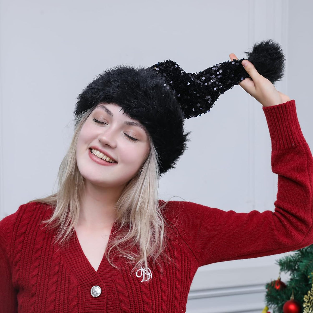 Personalized Sequin Santa Hat for Adults, Red Glitter Christmas Party Hat, Xmas Halloween New Year