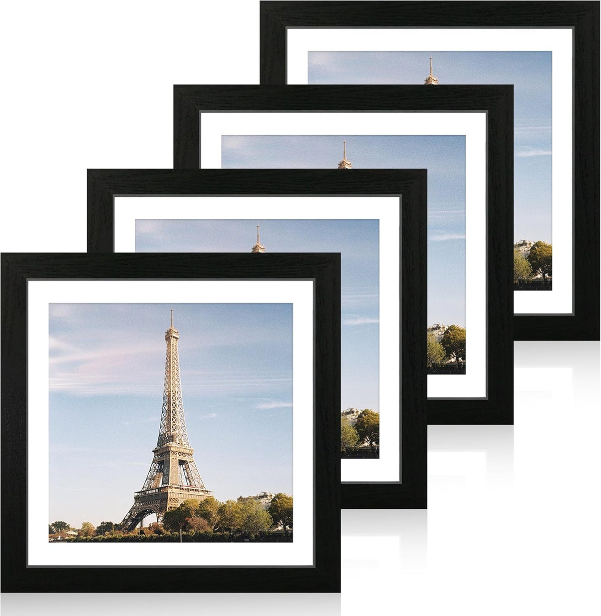 12x12 Picture Frame Set of 4 with Tempered Glass, Black Frame Display 10x10 Picture with Mat or 12